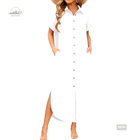 Summer Casual Long Shirt Dress with Pockets, Button Down, V-Neck - Picture 2 of 7